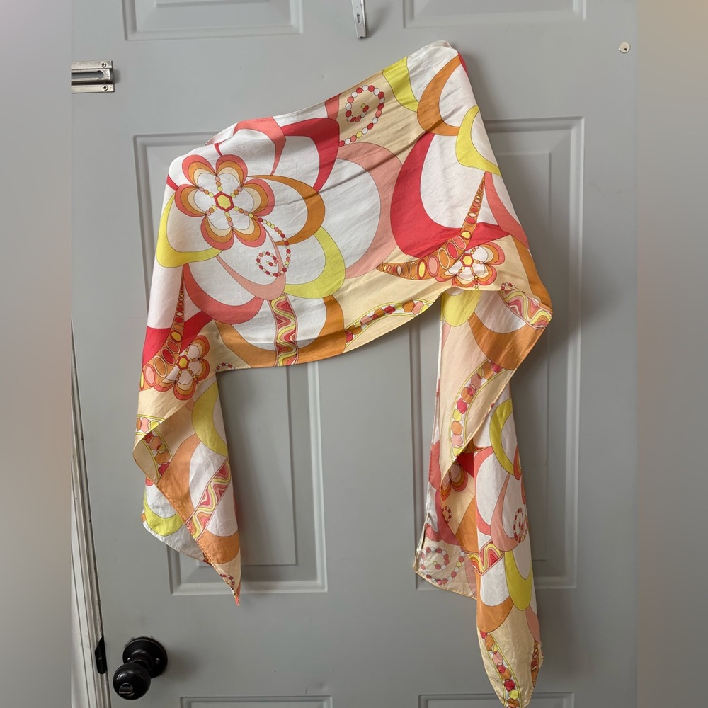 Vintage Silk Retro Floral Scarf in Yellow, Orange & Pink